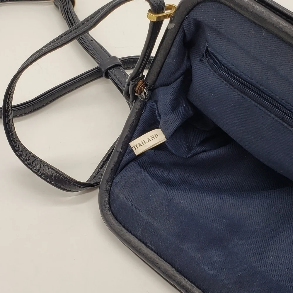 VINTAGE women dark navy blue bag crossbody soft leather 3 compartments lined